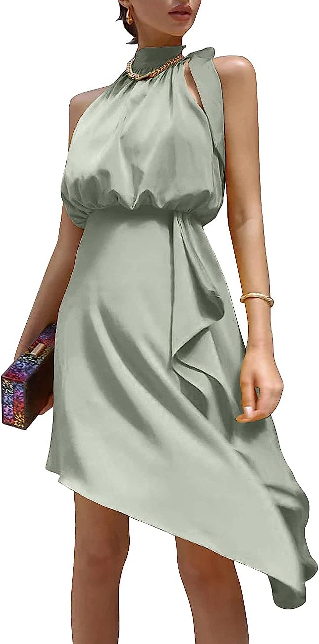 Hatant Satin Dress for Women Mini Dress Summer Halterneck Elegant Women's Cocktail Dress Sleeveless Silky Party Club Dress - Image 8